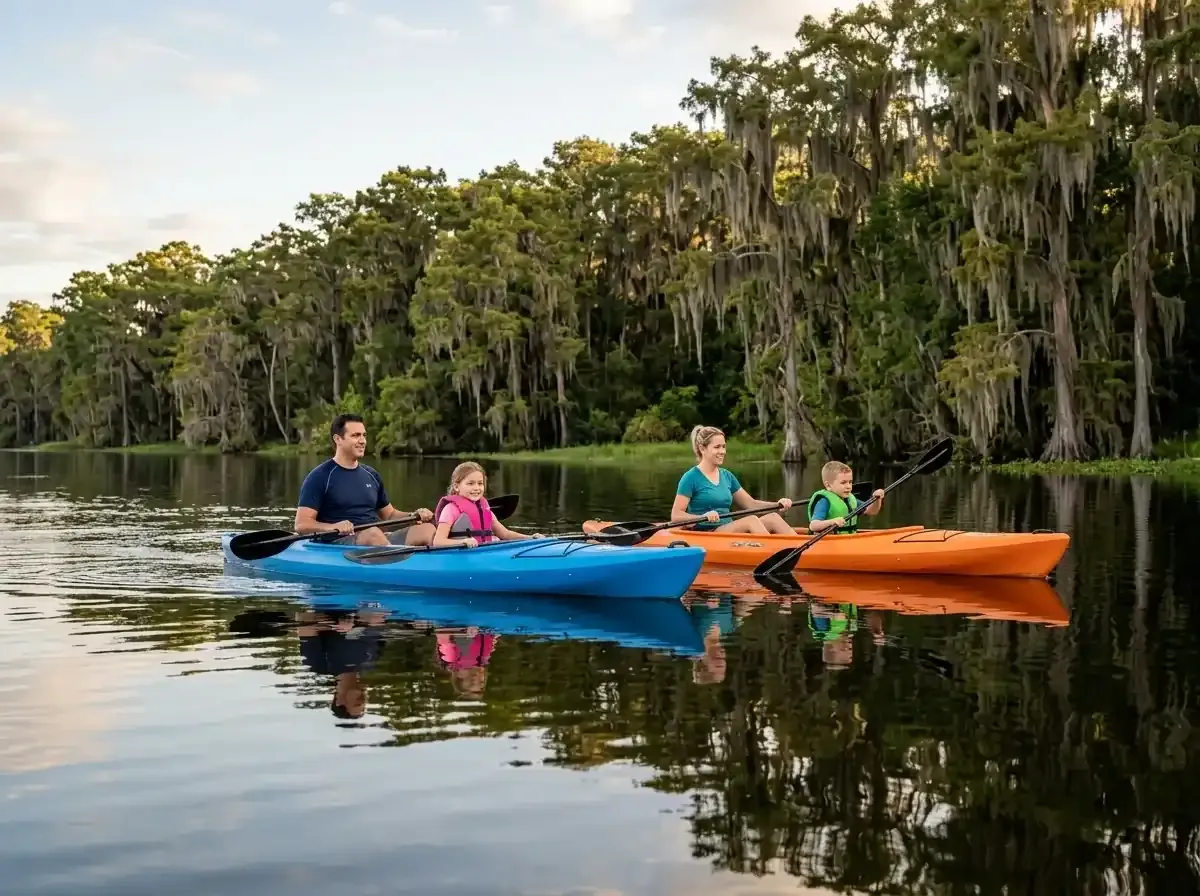 Family of four kayaking on a calm Florida lake surrounded by cypress trees.